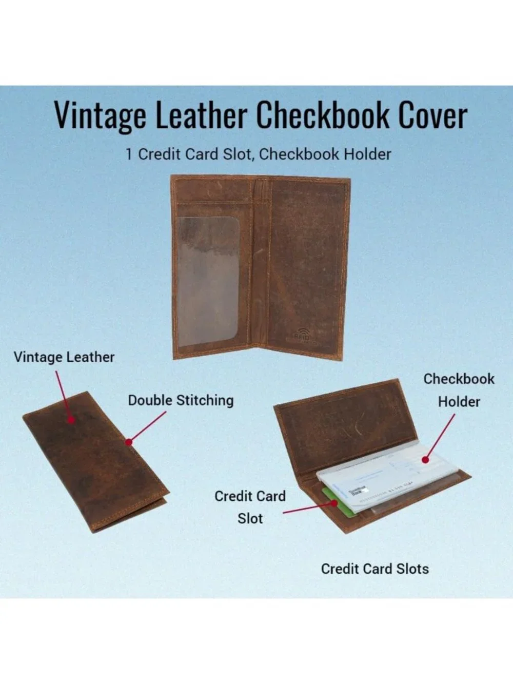 Vintage Leather RFID Blocking Slim Checkbook Cover Wallet - Brown, Stylish